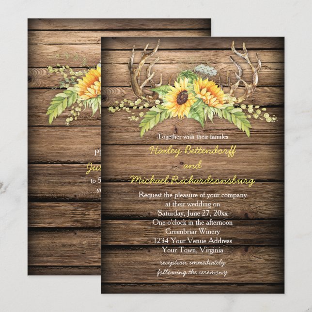 Invitación Barn Wood Sunflowers Antlers con Boda RSVP (Anverso / Reverso)