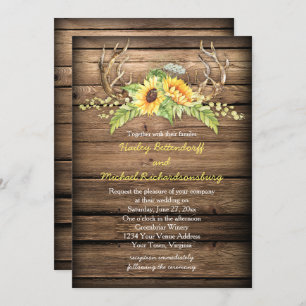 Invitación Barn Wood Sunflowers Antlers con Boda RSVP