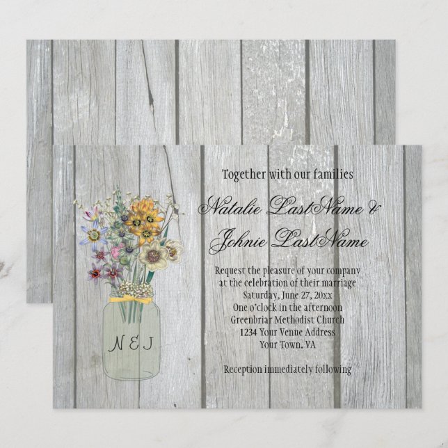 Invitación Barn Wood Wildflowers Mason Jar Ribbon Boda (Anverso / Reverso)