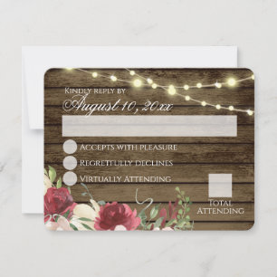 Invitación Barn Wood y luces de cadena Floral Burgundy RSVP I