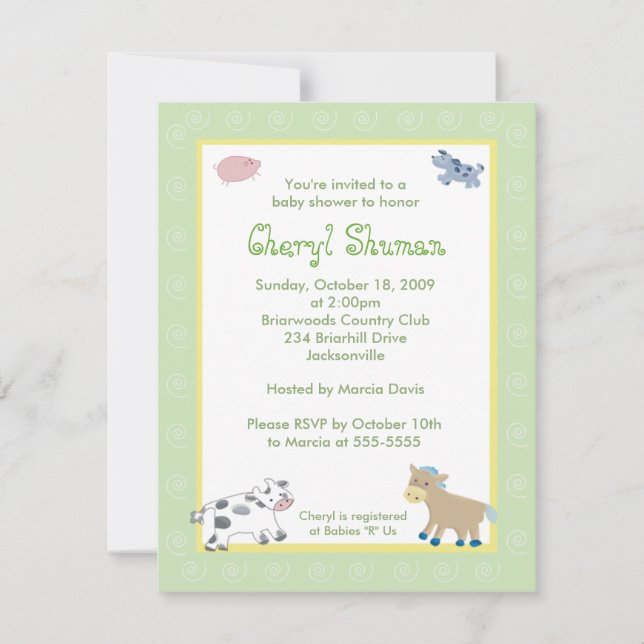 Invitación Barn Yard Farm Animals Green Swirl Baby Shower (Anverso)