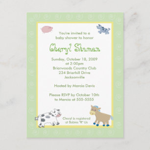 Invitación Barn Yard Farm Animals Green Swirl Baby Shower