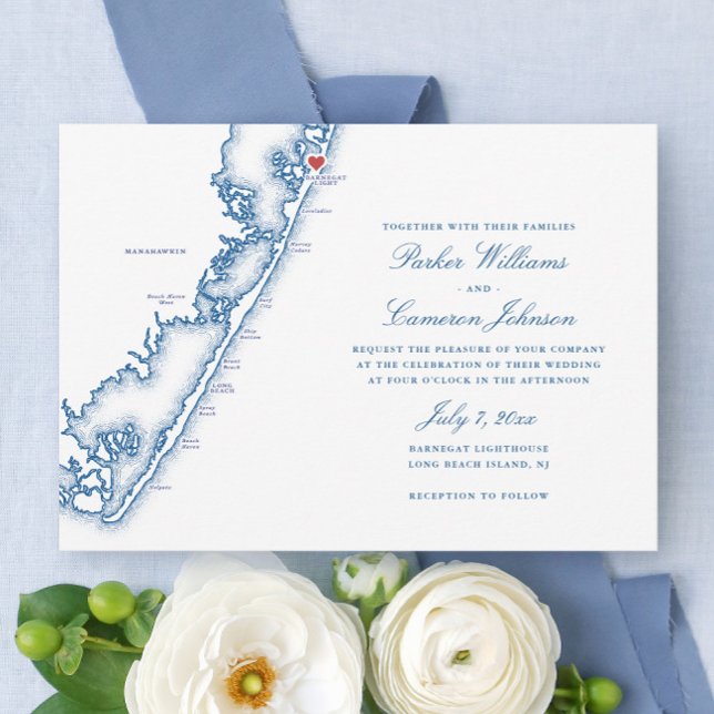 Invitación Barnegat Light NJ Map Elegant Navy Blue Wedding (Barnegat Light NJ Map Long Beach Island Wedding Invitation in elegant navy blue, Coastal Map Designs)