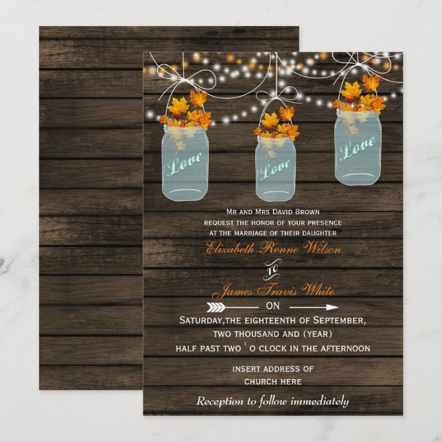 Invitación Barnwood, boda de caída de tarro de masón ruso (Anverso / Reverso)