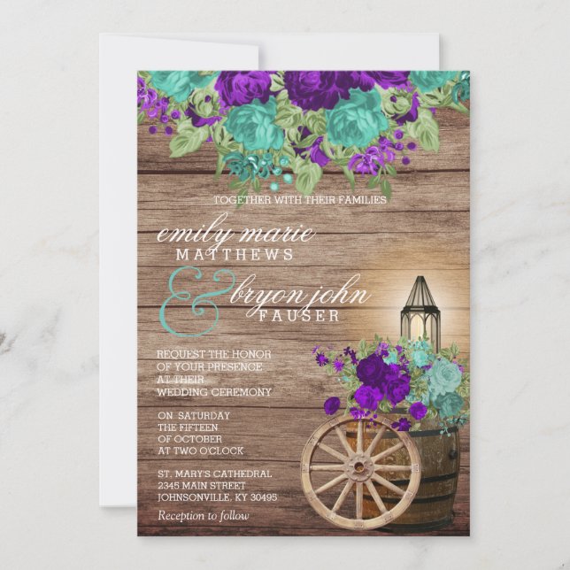 Invitación Barnwood con flor Verde azulada oscura y morada os (Anverso)