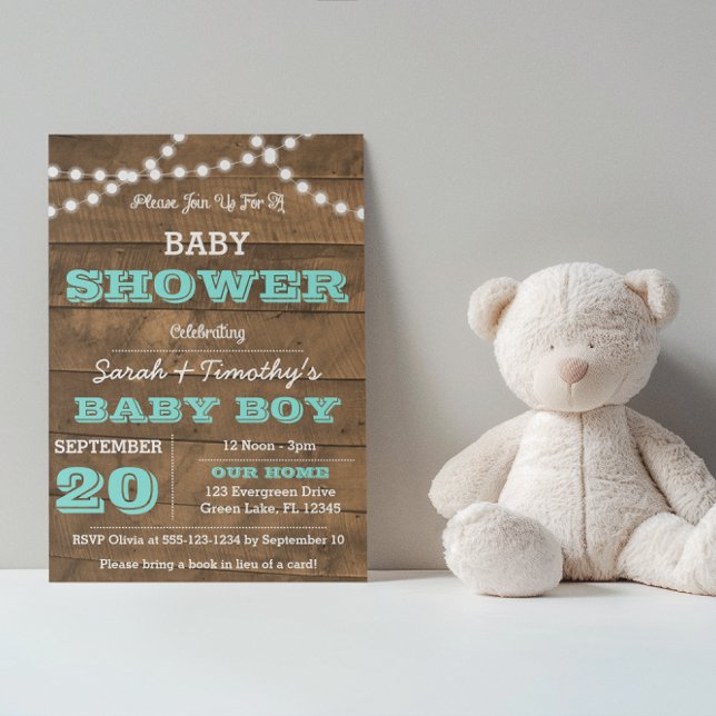 Invitación Barnwood Lights Aqua Baby Shower (Subido por el creador)