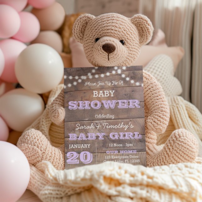 Invitación Barnwood Lights Lavender Baby Shower (Subido por el creador)