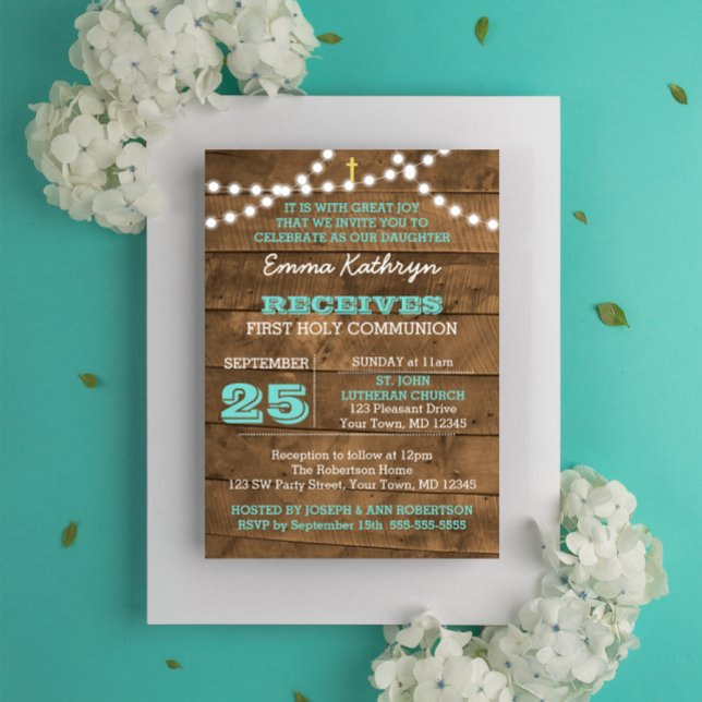 Invitación Barnwood Lights Verde azulado First Communition In (Subido por el creador)