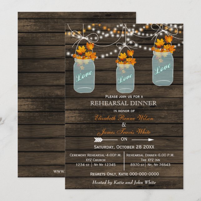 Invitación Barnwood, mason jar Fall cena de ensayo invita (Anverso / Reverso)