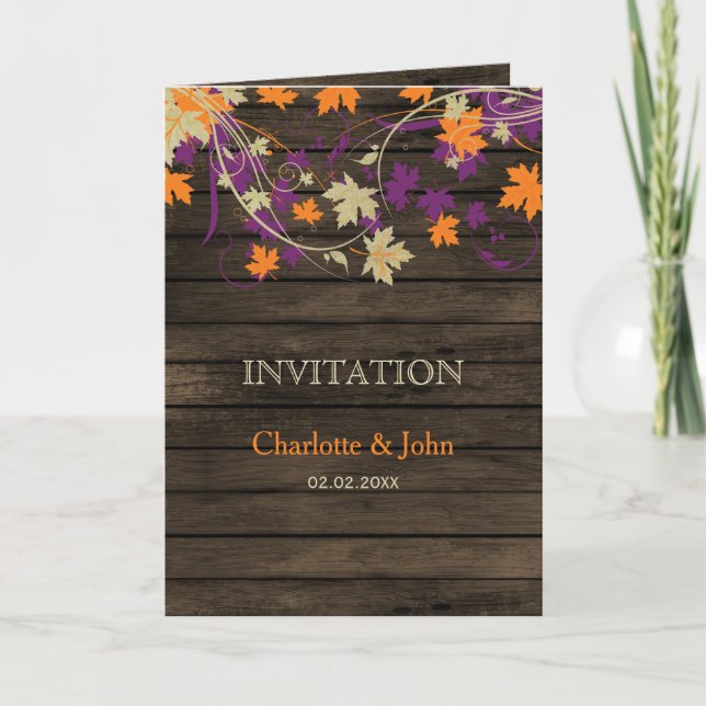 Invitación Barnwood, Rustic Fall plum deja la boda invitando  (Anverso)