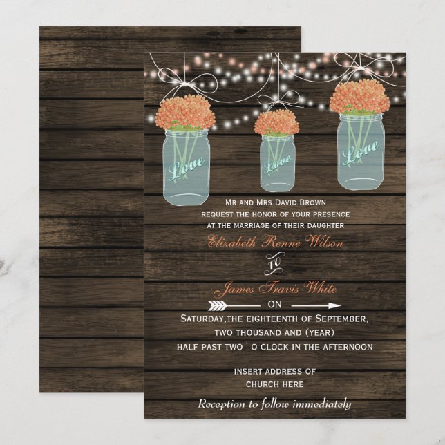 Invitación Barnwood, una boda con un tarro de coral (Anverso / Reverso)