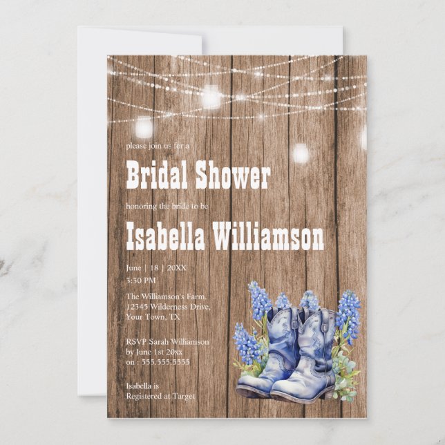 Invitación Barnwood y Blue Bonnet Bridal Shower (Anverso)