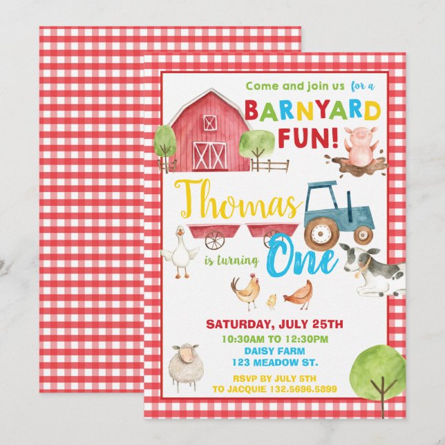 Invitación Barnyard 1 Fiesta de cumpleaños, animales de granj (Anverso / Reverso)
