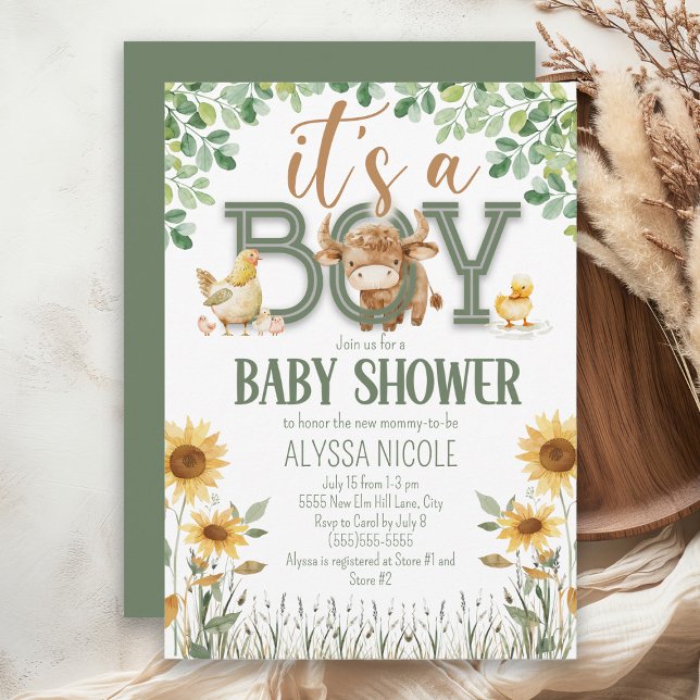 Invitación Barnyard Animals Baby Boy Baby Shower (Cute baby boy farm animal baby shower invitation)