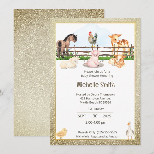 Invitación Barnyard Animals Gold Purpurina Baby Shower (Anverso / Reverso)