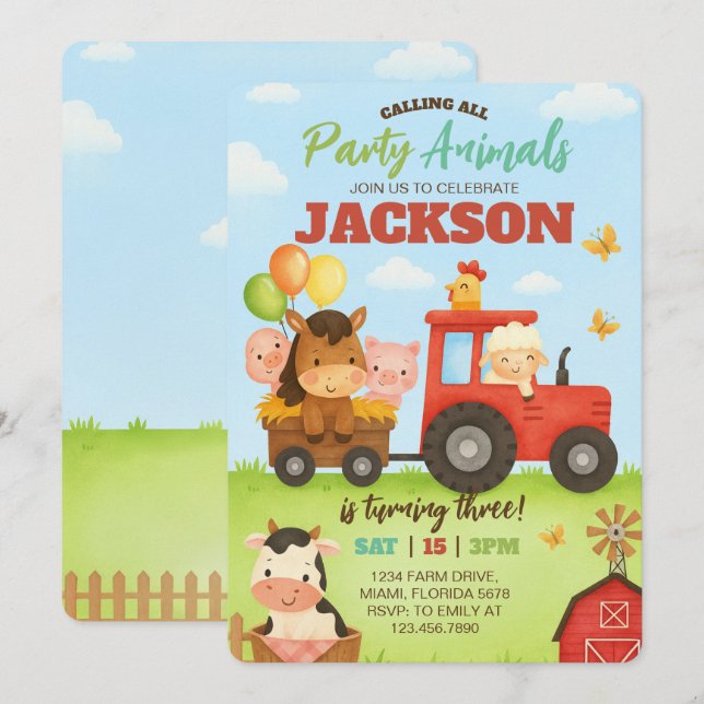 Invitación Barnyard Animals Ranch Kids Birthday (Anverso / Reverso)