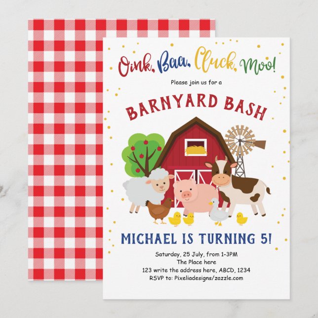 Invitación Barnyard Bash, animales de granja, zoológico de an (Anverso / Reverso)