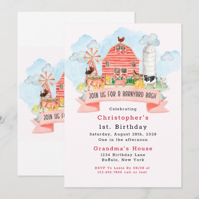 Invitación Barnyard Bash Farm Animals 1er Fiesta de cumpleaño (Anverso / Reverso)