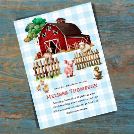 Invitación Barnyard Blue Plaid Farm Animals Baby Shower Boy
