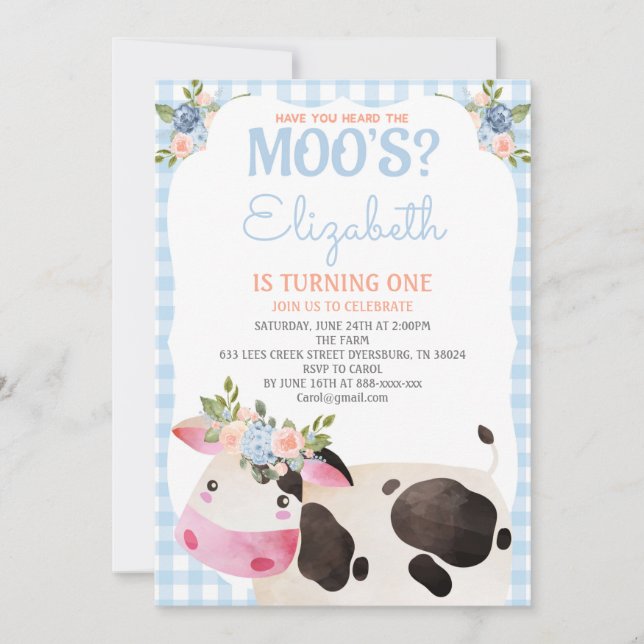 Invitación Barnyard, Chica de cumpleaños de la vaca de Gingha (Anverso)