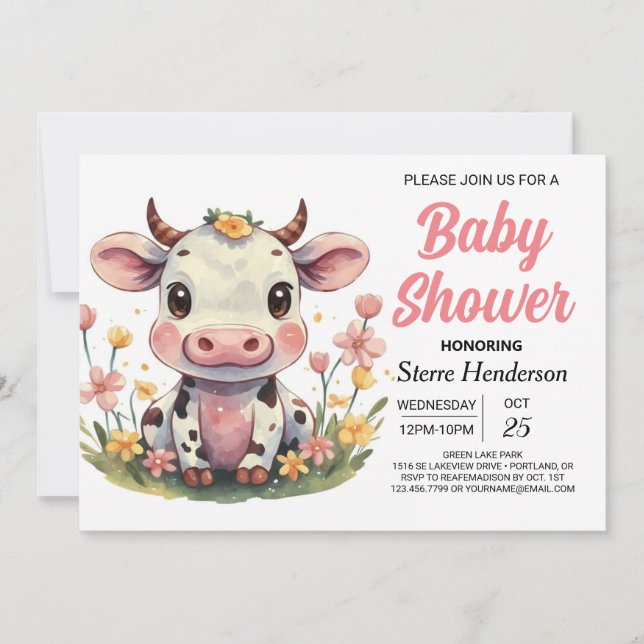 Invitación Barnyard Elegant Pink Cow Baby Shower (Anverso)