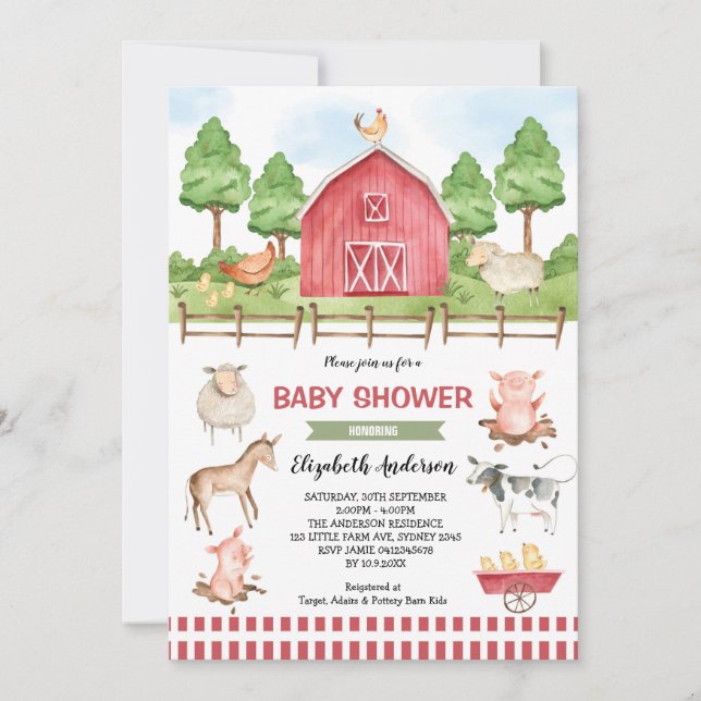 Invitación Barnyard Farm Animals Baby Shower (Anverso)