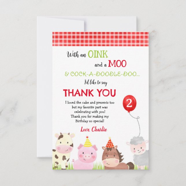 Invitación Barnyard Farm Animals Birthday Gracias Cartas (Anverso)