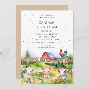 Invitación Barnyard Farm Theme Boys Primer Fiesta de cumpleañ
