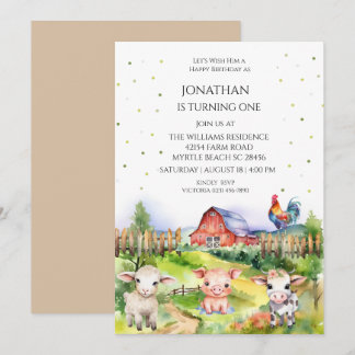 Invitación Barnyard Farm Theme Boys Primer Fiesta de cumpleañ