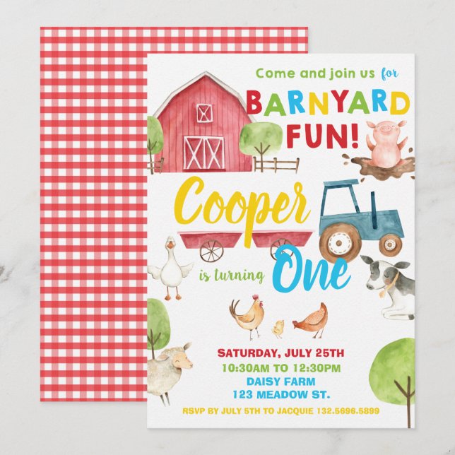 Invitación Barnyard Fun 1er Fiesta de cumpleaños Animales de  (Anverso / Reverso)