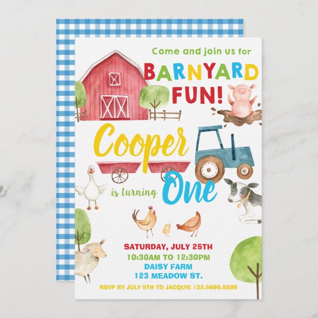 Invitación Barnyard Fun 1er Fiesta de cumpleaños Granja Anima (Anverso / Reverso)