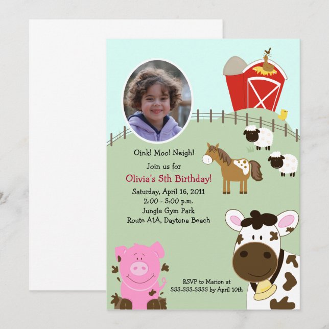 Invitación Barnyard para bebés de granja *FOTO* Cumpleaños 5x (Anverso / Reverso)