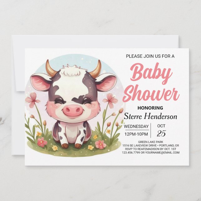 Invitación Barnyard Pastel Modern Cow Baby Shower (Anverso)