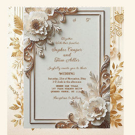 Invitación Baroque White Flowers Opulence Ivory Gold Frame 