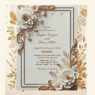 Invitación Baroque White Flowers Opulence Ivory Gold Frame 