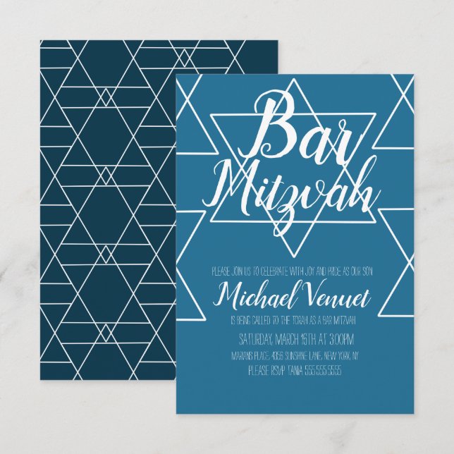 Invitación Barra blanca geométrica azul Mitzvah (Anverso / Reverso)