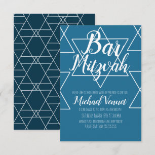 Invitación Barra blanca geométrica azul Mitzvah