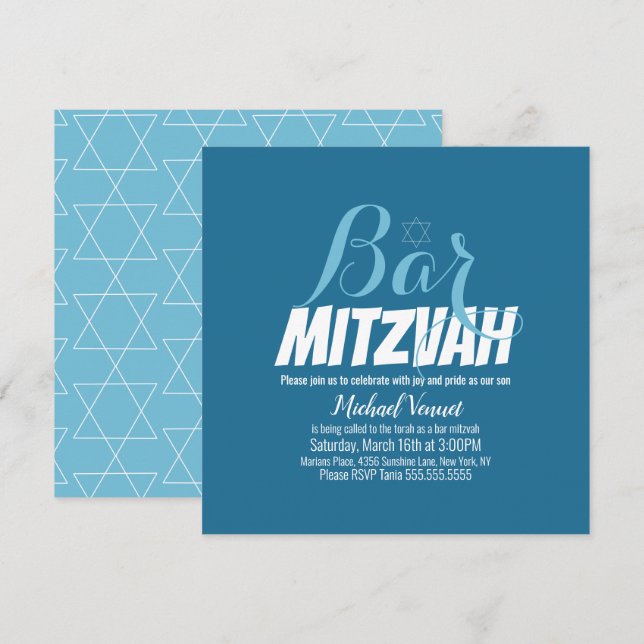 Invitación Barra blanca geométrica azul Mitzvah (Anverso / Reverso)