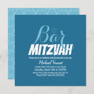 Invitación Barra blanca geométrica azul Mitzvah