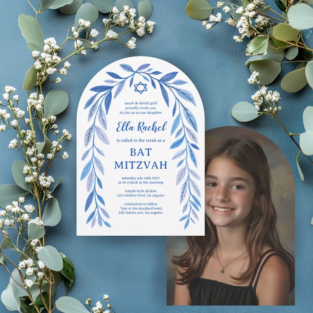 Invitación Barra de acuarela botánica Bat Mitzvah Arch Photo (Botanical Watercolor Bar Bat Mitzvah Arch Photo Invitation
)