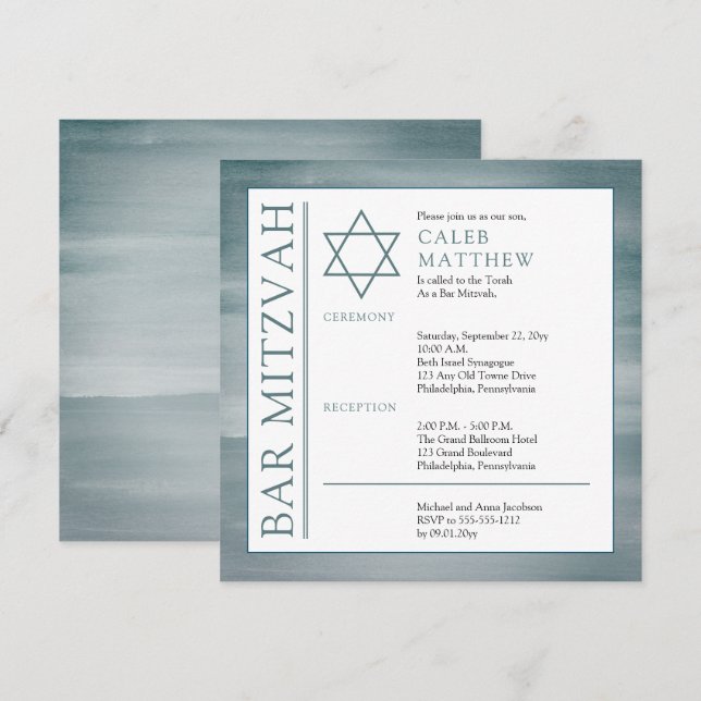 Invitación Barra de acuarela lavada azul Mitzvah (Anverso / Reverso)