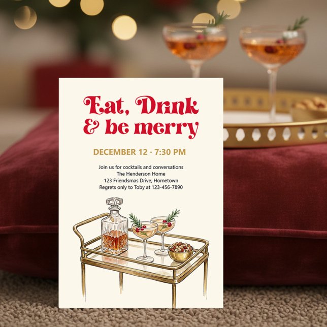 Invitación Barra de Bar Retro Come Bebe y Alégrate Fiesta de  (Eat Drink & Be Merry Holiday Party Invitation by Darling & May - printed or digital download)