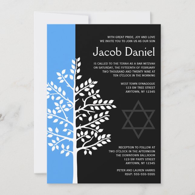 Invitación Barra de barra de árbol azul negro Mitzvah Invitac (Anverso)