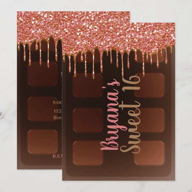 Invitación Barra de Chocolate con Brillo Rosa Goteante Dulce  (Anverso / Reverso)