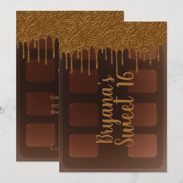 Invitación Barra de Chocolate con Goteo de Oro Dulce Fiesta 1 (Anverso / Reverso)