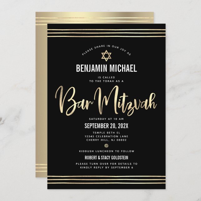Invitación Barra de código QR Mitzvah Black Gold Script Talli (Anverso / Reverso)
