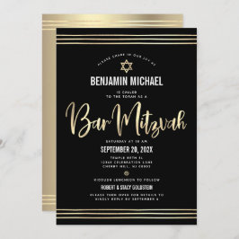 Invitación Barra de código QR Mitzvah Black Gold Script Talli