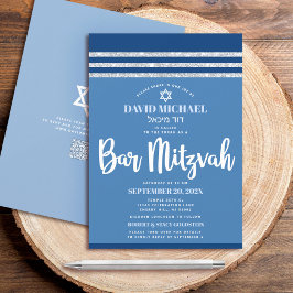 Invitación Barra de código QR Mitzvah Blue Silver Tallit Bold