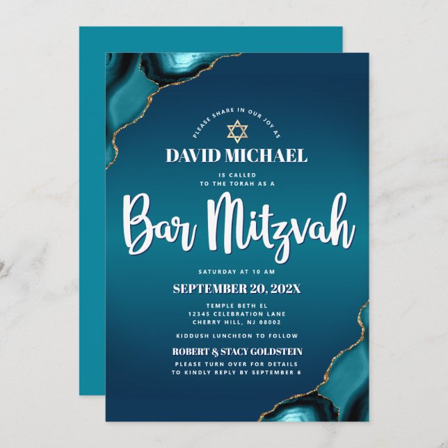 Invitación Barra de código QR Mitzvah Turquoise Ombre Agate M (Anverso / Reverso)