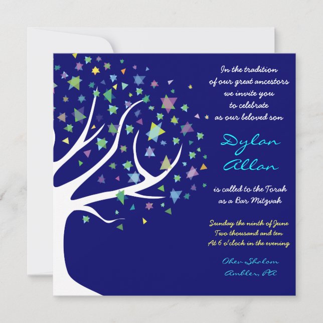 Invitación Barra de las estrellas del árbol de la vida Mitzva (Anverso)